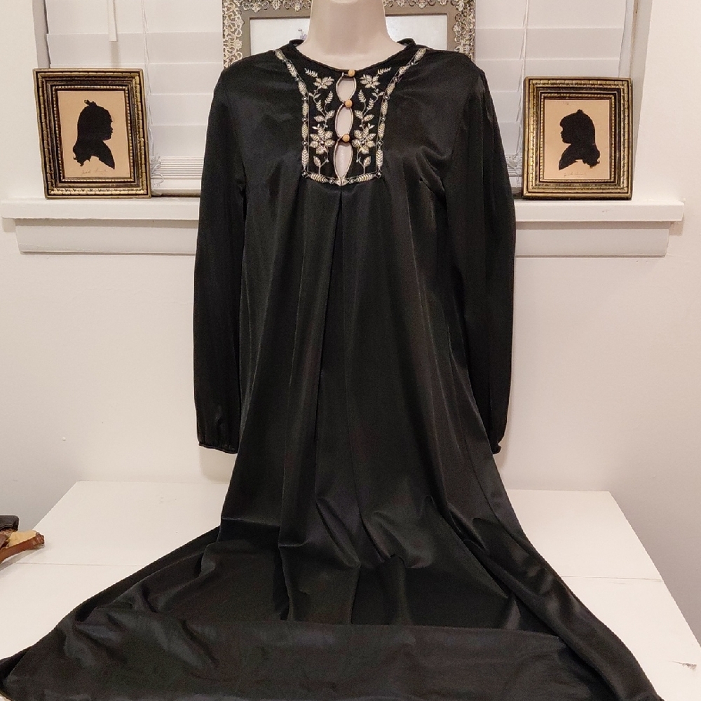 Vintage Black Nightgown with Tan Embroidery
